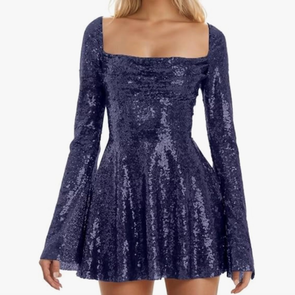 Sparkly Sequin Navy Blue Dance Dress Mini Long Sleeve - beautiful!